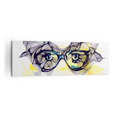 Obraz na płótnie - Artystyczna grafika okularów z wyrazistymi oczami - 160x50cm - Przez błękitne okulary - Nowoczesna dekoracja ścienna do salonu i sypialni ARTTOR