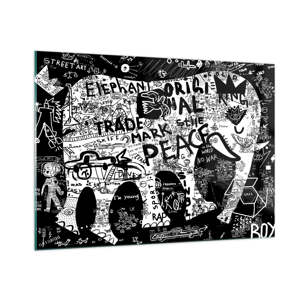 Obraz na szkle - Czarno-biały obraz graffiti z motywami pokoju i wolności - 100x70cm - Bogaty świat ulicy - Nowoczesna dekoracja ścienna do salonu, kuchni i sypialni ARTTOR