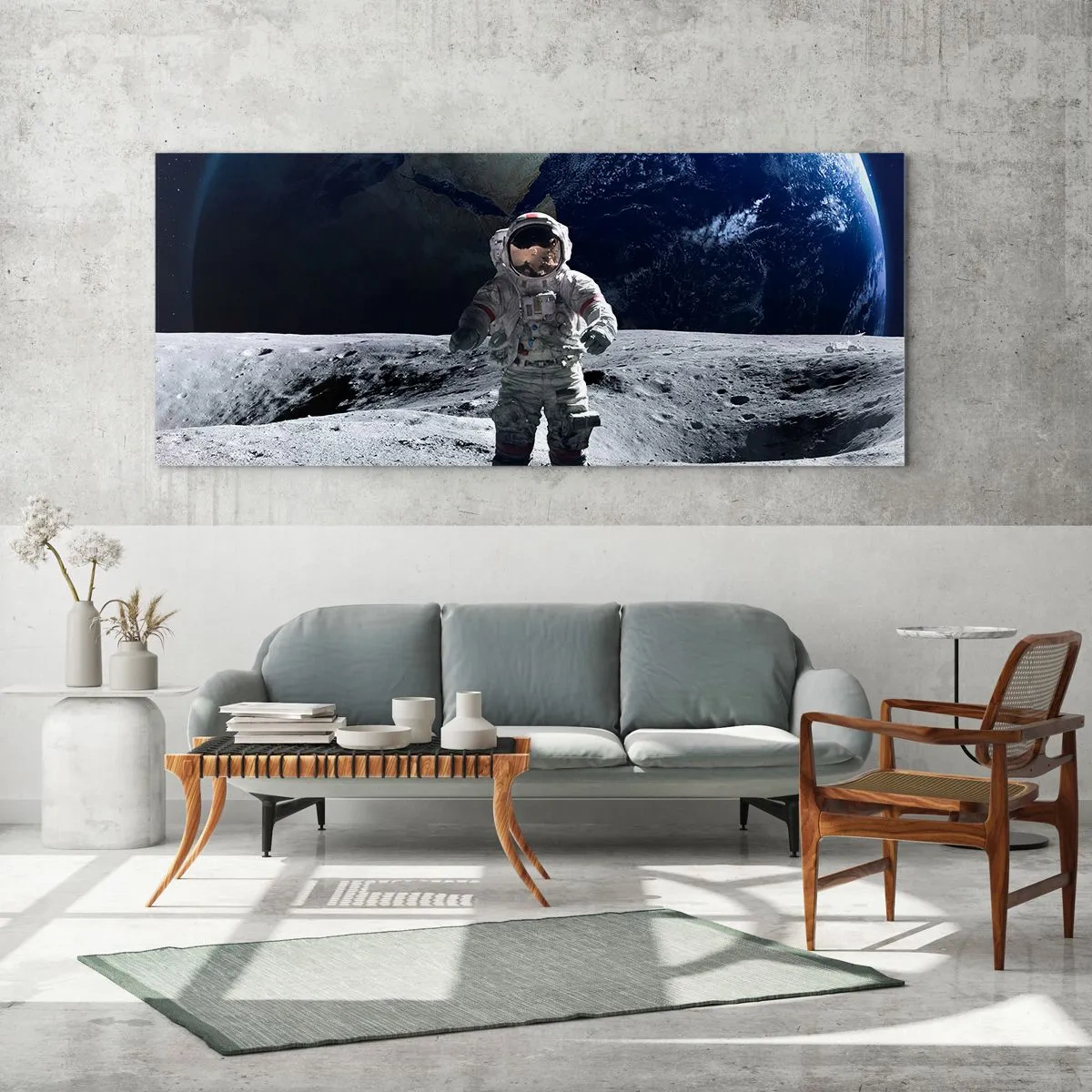 Obraz na szkle - Astronauta na powierzchni Księżyca z Ziemią w tle - 140x50cm - Pozdrowienia z Księżyca - Nowoczesna dekoracja ścienna do salonu i sypialni ARTTOR