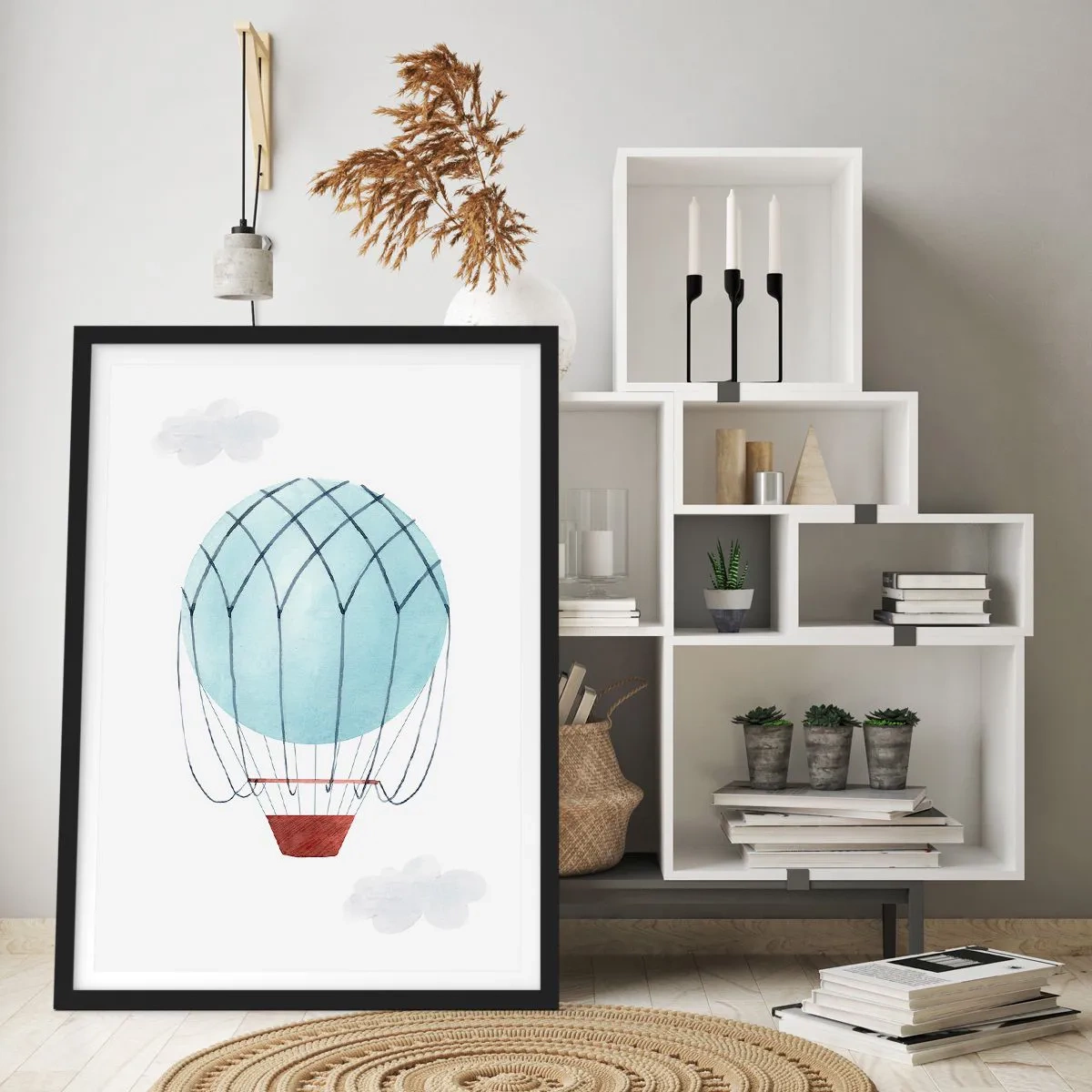 Plakat w czarnej ramie - Akwarelowy balon na gorące powietrze unoszący się wśród chmur - 50x70cm - Cały w chmurach - Nowoczesna dekoracja ścienna do salonu i sypialni ARTTOR