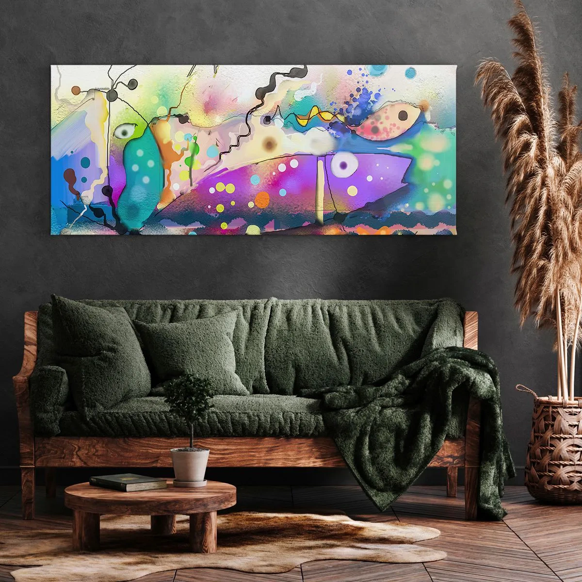 Obraz na płótnie - Abstrakcyjne ryby w kolorowej, surrealistycznej kompozycji - 140x50cm - Brak słów! - Nowoczesna dekoracja ścienna do salonu i sypialni ARTTOR