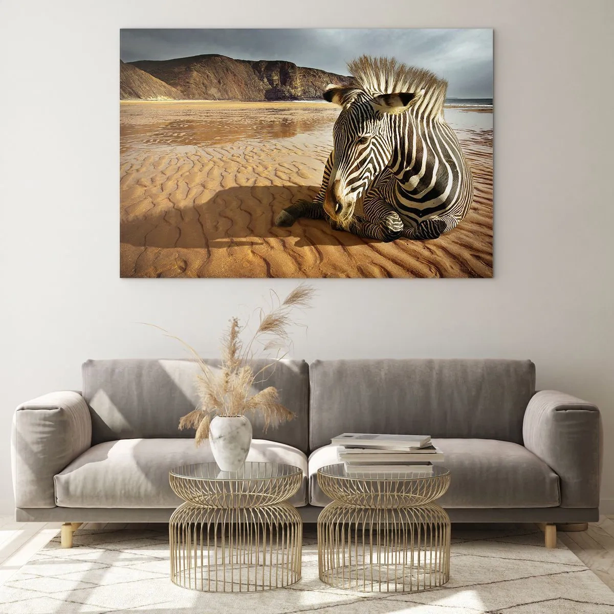 Obraz na szkle - Zebra odpoczywająca na plaży o zachodzie słońca - 120x80cm - Pasujemy do siebie - Nowoczesna dekoracja ścienna do salonu, kuchni i sypialni ARTTOR