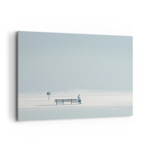 Obraz na płótnie - Osoba siedząca na ławce w minimalistycznym krajobrazie - 120x80cm - Tak, czekam. - Nowoczesna dekoracja ścienna do salonu, kuchni i sypialni ARTTOR
