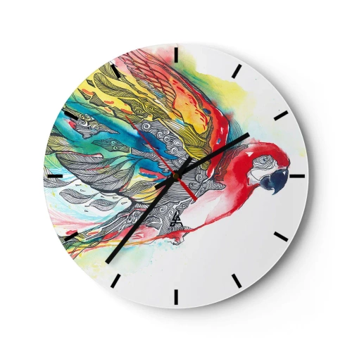 Zegar ścienny - Papuga w intensywnych kolorach z ozdobnymi wzorami na skrzydłach - 30x30cm - Żyj kolorowo - Nowoczesna dekoracja ścienna do salonu, kuchni i sypialni ARTTOR