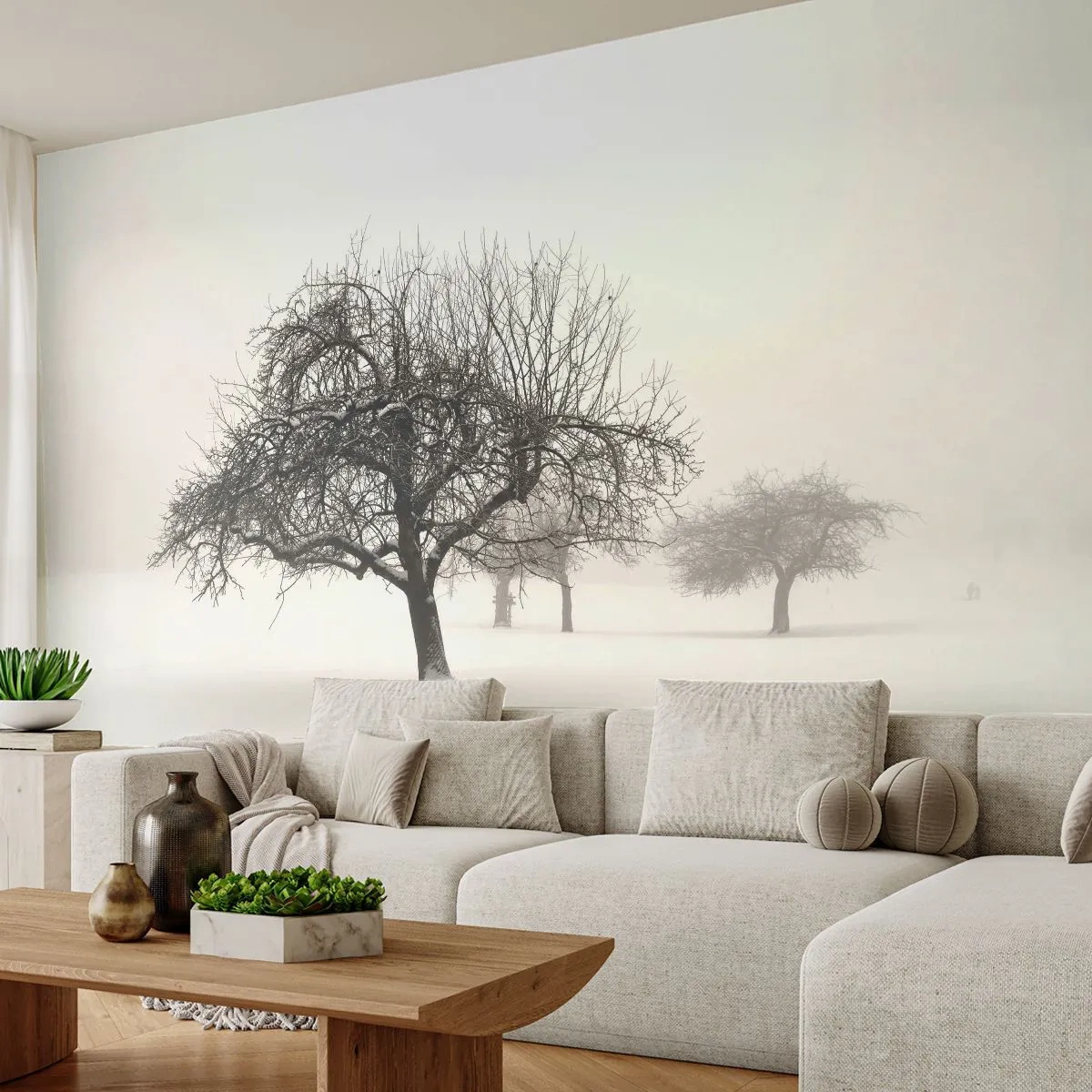 Fototapeta Premium Sand - Zimowy krajobraz z oszronionymi drzewami na śnieżnym polu - 100x70cm - Zimowy sen - Nowoczesna dekoracja ścienna do salonu, kuchni i sypialni ARTTOR
