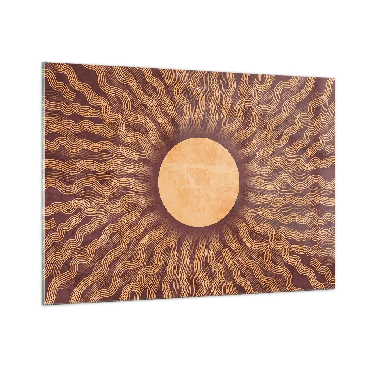 Obraz na szkle - Stylizowane słońce z promieniami w formie falistych linii na tle brązu - 100x70cm - Ikona słońca - Nowoczesna dekoracja ścienna do salonu, kuchni i sypialni ARTTOR