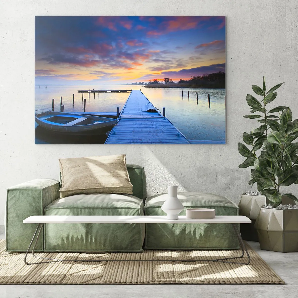 Obraz na szkle - Pomost na jeziorze o świcie w otoczeniu spokojnej natury - 70x50cm - Fioletowo-złoty spokój - Nowoczesna dekoracja ścienna do salonu i sypialni ARTTOR