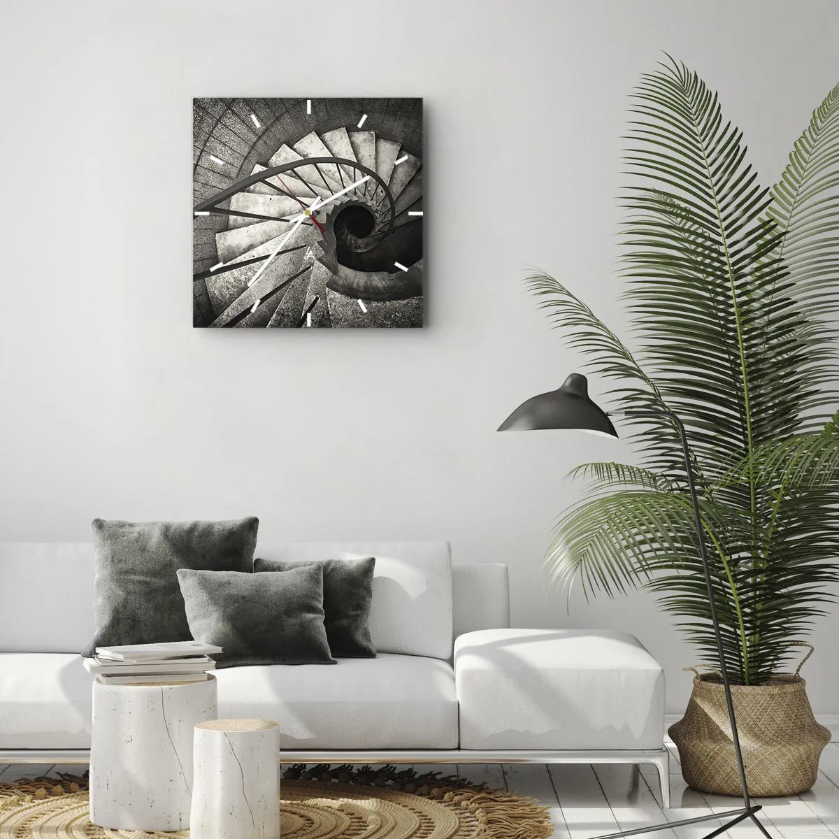 Zegar ścienny - Czarno-białe spiralne schody w nowoczesnym stylu - 30x30cm - Schodami w górę, schodami w dół - Nowoczesna dekoracja ścienna do salonu i sypialni ARTTOR