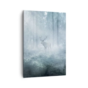Obraz na płótnie - Jeleń w gęstej mgle leśnej - 50x70cm - Poranny obchód włości - Nowoczesna dekoracja ścienna do salonu, kuchni i sypialni ARTTOR