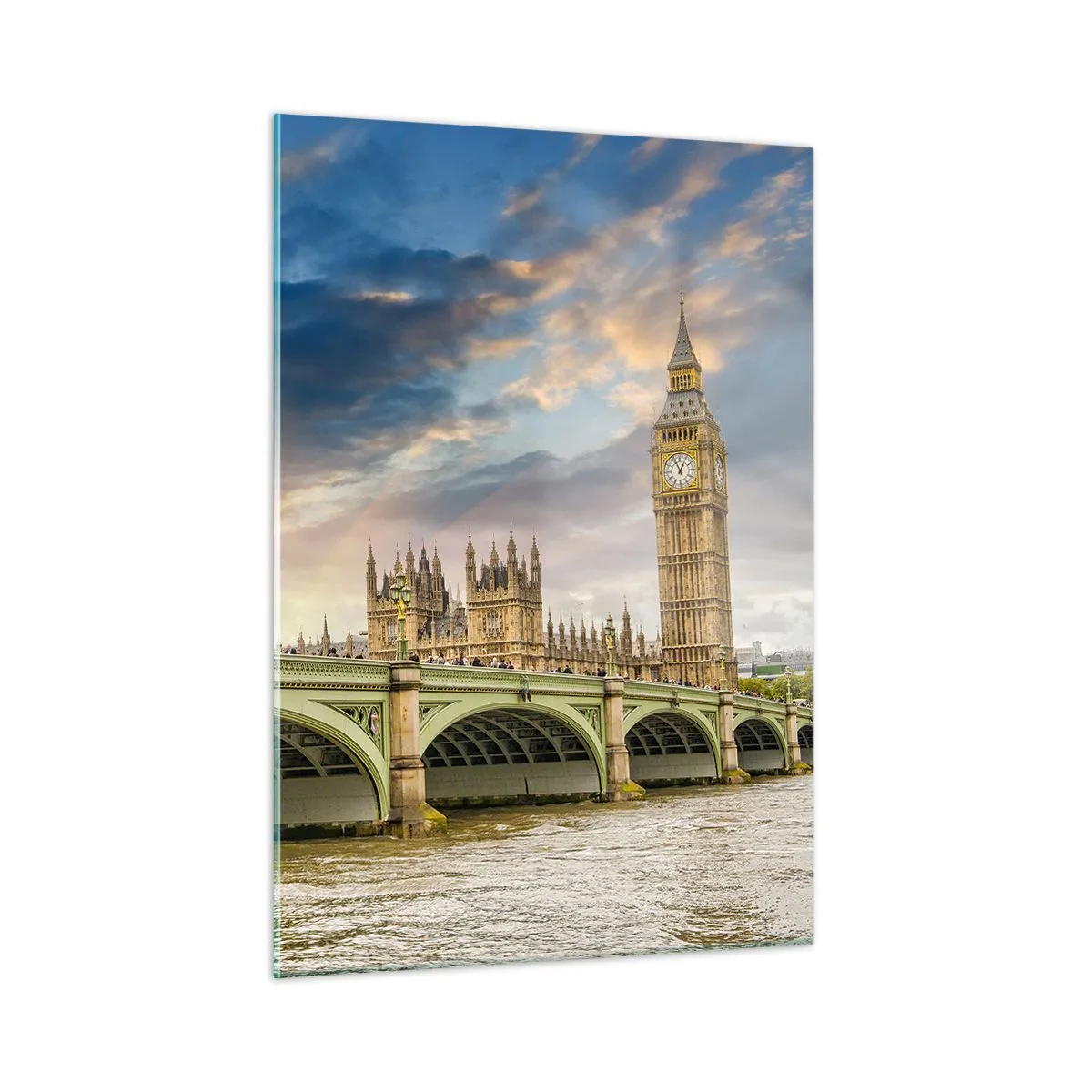 Obraz na szkle - Big Ben i Westminster Bridge o zachodzie słońca - 50x70cm - Czas stanął w Imperium - Nowoczesna dekoracja ścienna do salonu, kuchni i sypialni ARTTOR