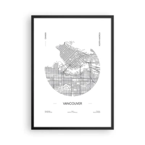 Plakat w czarnej ramie - Minimalistyczna mapa Vancouver w czarno-białej tonacji - 50x70cm - Anatomia Vancouver - Nowoczesna dekoracja ścienna do salonu i sypialni ARTTOR