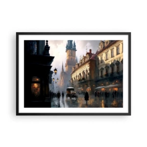 Plakat w czarnej ramie - Wieczorna scena uliczna z zabytkową architekturą - 70x50cm - Czar praskiego wieczoru - Nowoczesna dekoracja ścienna do salonu i sypialni ARTTOR