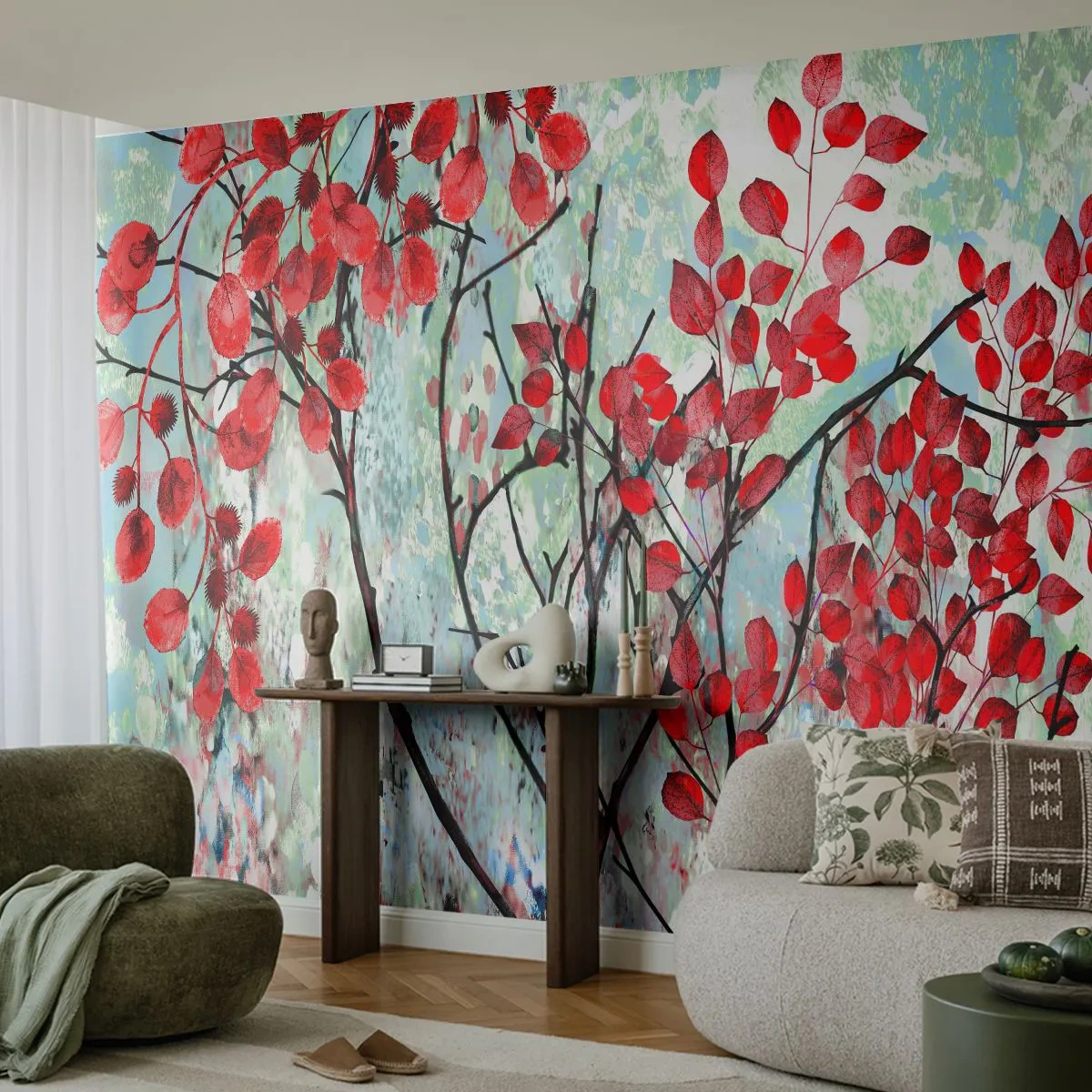 Fototapeta Samoprzylepna Deluxe Sticker - Drzewo w szkarłacie - Abstrakcja, Czerwone Liście, Gałąź - 250x175 cm