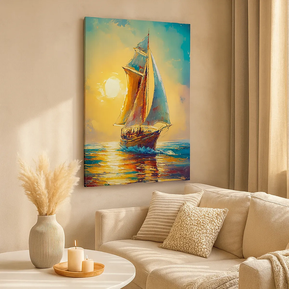 Obraz na płótnie - Żaglowiec na morzu w świetle zachodzącego słońca - 50x70cm - Pod pełnymi żaglami - Nowoczesna dekoracja ścienna do salonu, kuchni i sypialni ARTTOR