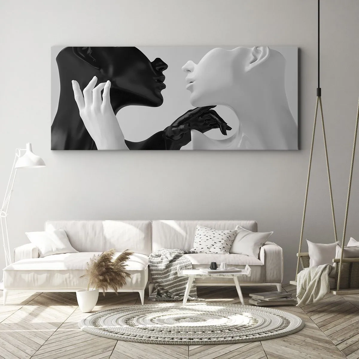 Obraz na płótnie - Czarno-białe sylwetki w dynamicznym zbliżeniu - 160x50cm - Przyciąganie – pożądanie - Nowoczesna dekoracja ścienna do salonu i sypialni ARTTOR