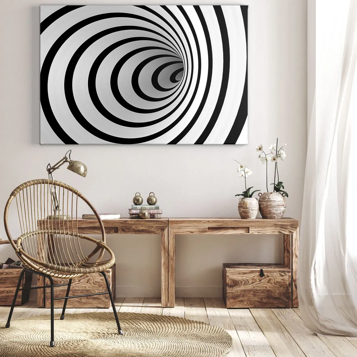Obraz na płótnie - Czarno-biała spirala tworząca efekt hipnotyczny - 70x50cm - Też nie możesz się oprzec? - Nowoczesna dekoracja ścienna do salonu i sypialni ARTTOR