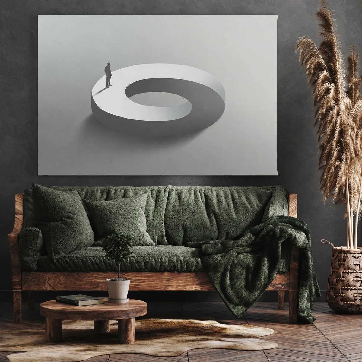 Obraz na płótnie - Człowiek na szarej, abstrakcyjnej konstrukcji - 100x70cm - I bądź tu mądry - Nowoczesna dekoracja ścienna do salonu, kuchni i sypialni ARTTOR