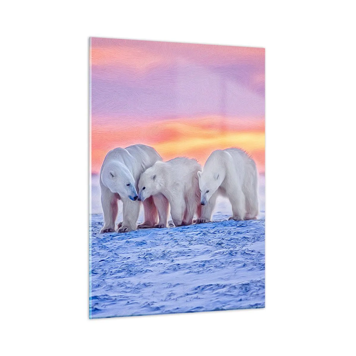 Obraz na szkle - Trzy niedźwiedzie polarne na śnieżnym tle o zachodzie słońca - 50x70cm - Wystarczy rodzinne ciepło - Nowoczesna dekoracja ścienna do salonu, kuchni i sypialni ARTTOR