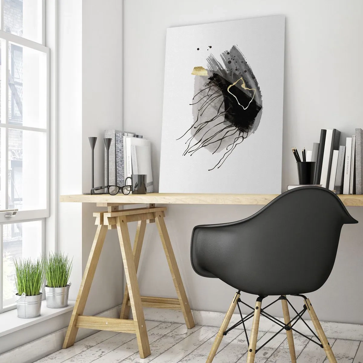Obraz na szkle - Abstrakcyjna kompozycja czerni i złota na białym tle - 50x70cm - W czerni i w złocie - Nowoczesna dekoracja ścienna do salonu, kuchni i sypialni ARTTOR