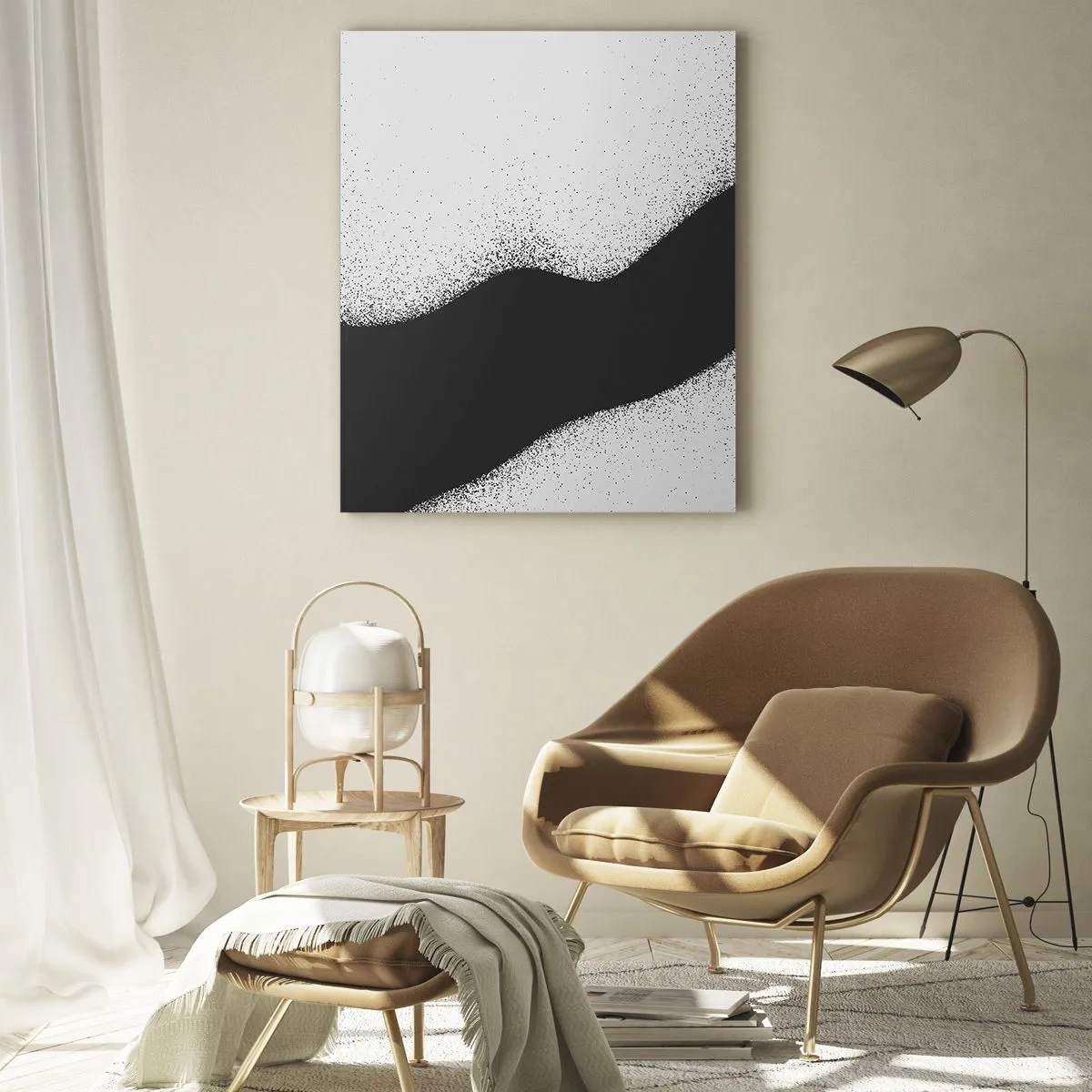 Obraz na szkle - Minimalistyczna czarno-biała abstrakcja z punktowym gradientem - 50x70cm - Płynna równowaga - Nowoczesna dekoracja ścienna do salonu, kuchni i sypialni ARTTOR