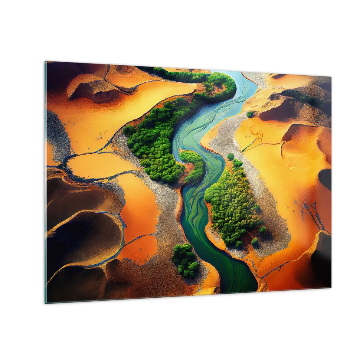 Obraz na szkle - Zielone oazy i rzeka wśród pomarańczowych wydm - 70x50cm - Życiodajna rzeka - Nowoczesna dekoracja ścienna do salonu i sypialni ARTTOR