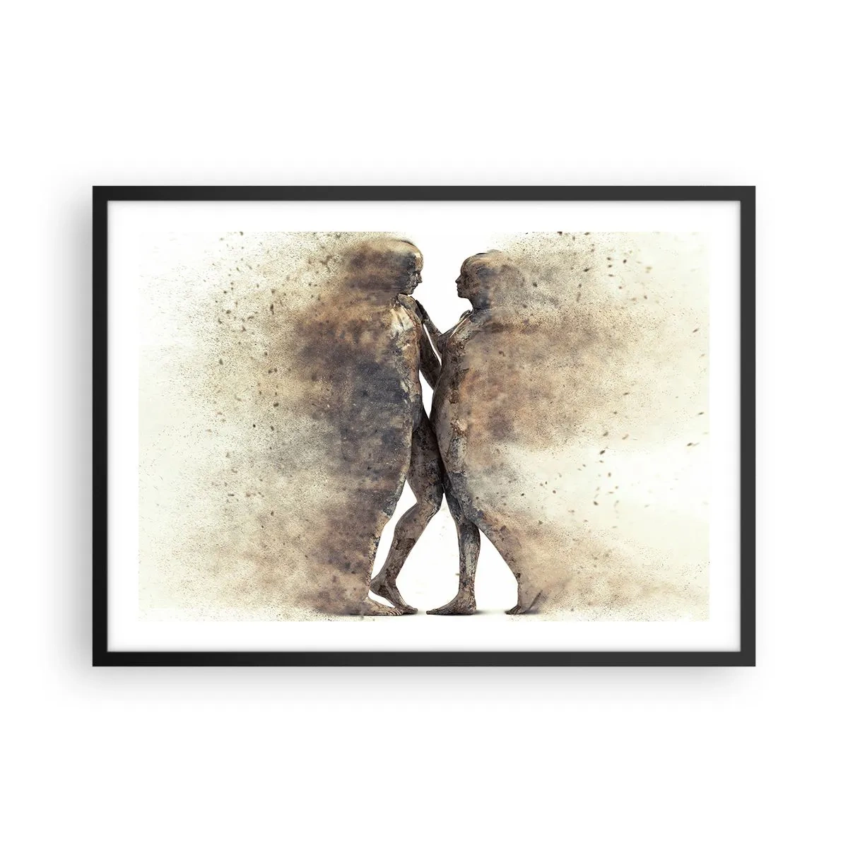 Plakat w czarnej ramie - Abstrakcyjny duet sylwetek w piaskowych odcieniach - 70x50cm - Z prochu powstali, by kochać - Nowoczesna dekoracja ścienna do salonu i sypialni ARTTOR