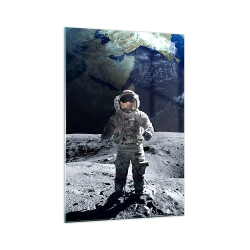 Obraz na szkle - Astronauta na powierzchni Księżyca z Ziemią w tle - 70x100cm - Pozdrowienia z Księżyca - Nowoczesna dekoracja ścienna do salonu i sypialni ARTTOR