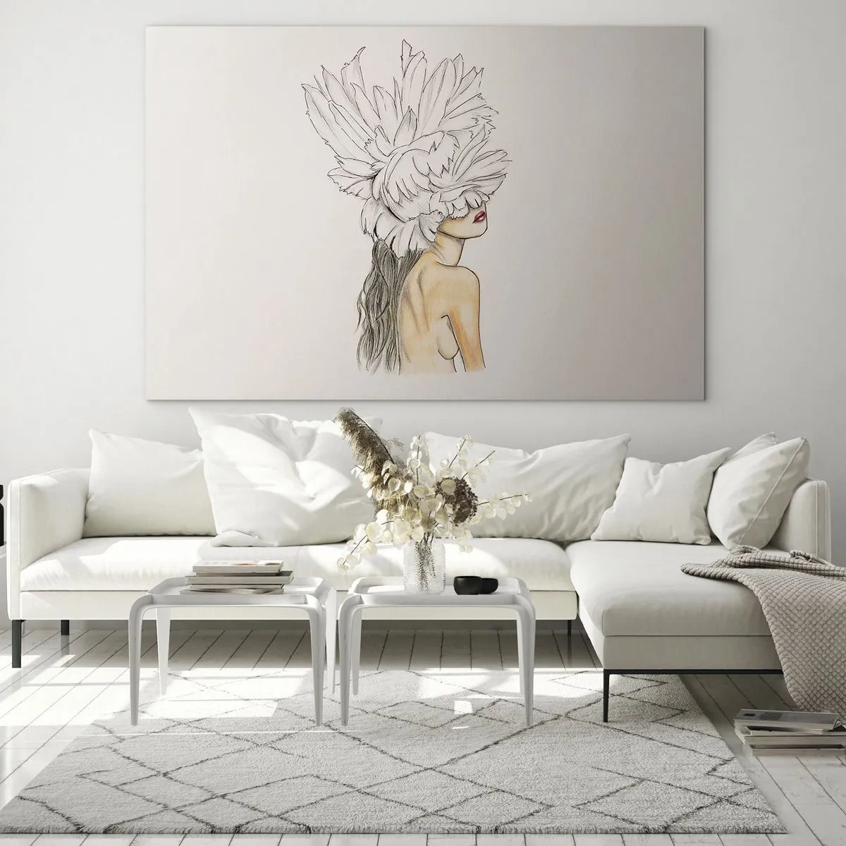 Obraz na szkle - Rysunek kobiety z długimi włosami i koroną z dużych piór - 70x50cm - Piękność ukoronowana - Nowoczesna dekoracja ścienna do salonu i sypialni ARTTOR