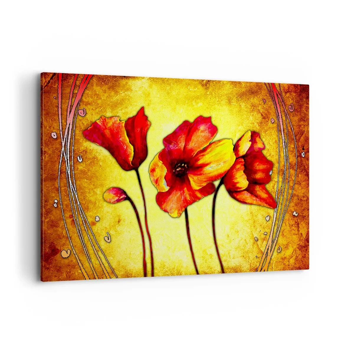 Obraz na płótnie - Czerwone i żółte kwiaty na złotym tle z dekoracyjnymi wzorami - 120x80cm - W secesyjnej dekoracji - Nowoczesna dekoracja ścienna do salonu, kuchni i sypialni ARTTOR