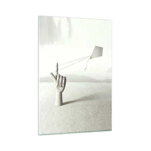 Obraz na szkle - Minimalistyczna ręka drewniana z latawcem na tle pejzażu - 80x120cm - Próba sił - Nowoczesna dekoracja ścienna do salonu i sypialni ARTTOR