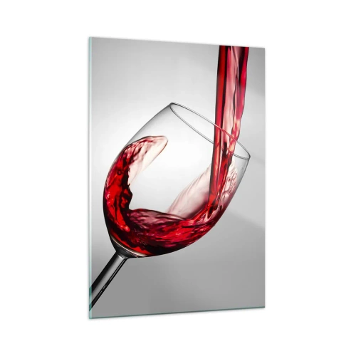 Obraz na szkle - Czerwone wino wlewane do kieliszka na jasnym tle - 50x70cm - Barwa - ruch - dźwięk - Nowoczesna dekoracja ścienna do salonu, kuchni i sypialni ARTTOR