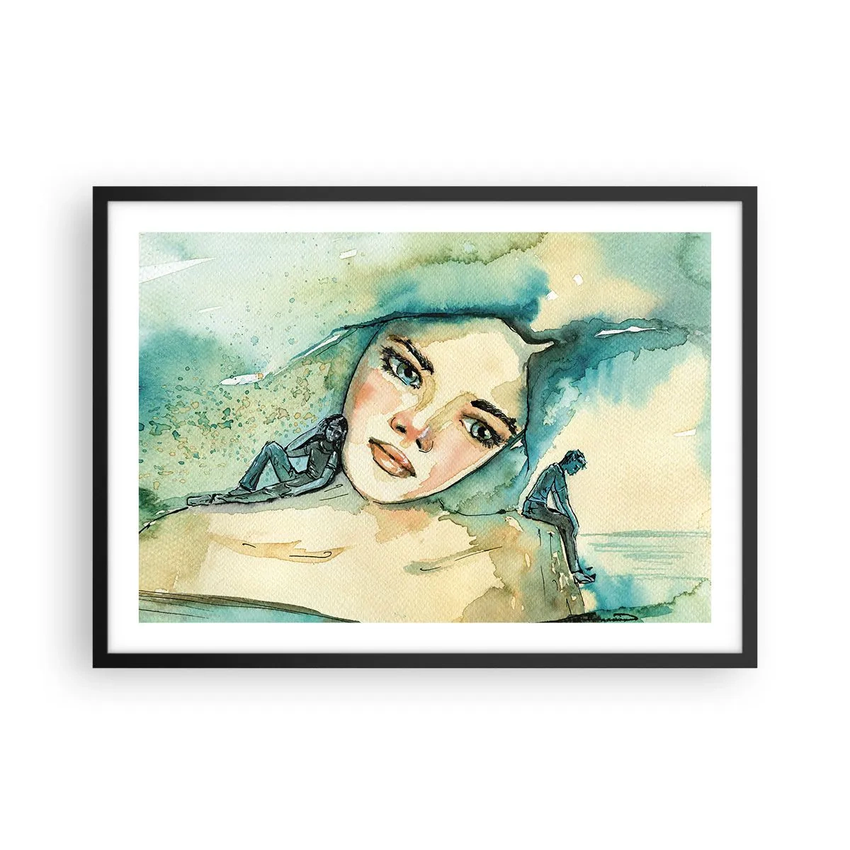 Plakat w czarnej ramie - Akwarela twarzy kobiety z refleksyjnym motywem - 70x50cm - Am I blue? - Nowoczesna dekoracja ścienna do salonu i sypialni ARTTOR