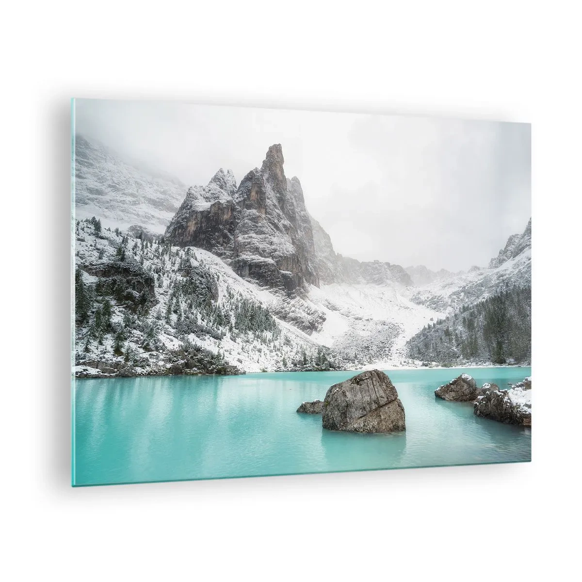 Obraz na szkle - Zimowy krajobraz z turkusowym jeziorem - 70x50cm - Na straży - Nowoczesna dekoracja ścienna do salonu i sypialni ARTTOR