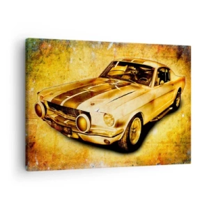 Obraz na płótnie - Klasyczny sportowy samochód retro na tle vintage w złotych odcieniach - 70x50cm - Szalone lata 70. - Nowoczesna dekoracja ścienna do salonu i sypialni ARTTOR