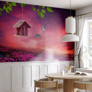 Fototapeta Premium Sand - Zawieszony domek dla ptaków na tle kolorowego nieba - 100x70cm - Zaproszenie na kolację - Nowoczesna dekoracja ścienna do salonu, kuchni i sypialni ARTTOR