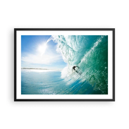 Plakat w czarnej ramie - Surfer na fali w świetle słońca na tle błękitnego nieba - 70x50cm - Zawsze na fali - Nowoczesna dekoracja ścienna do salonu i sypialni ARTTOR