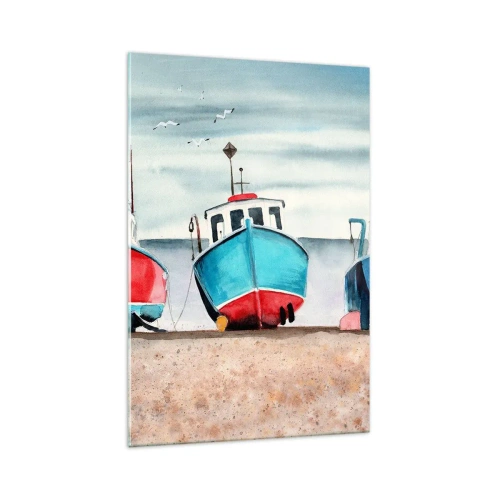 Obraz na szkle - Kolorowe łodzie rybackie na brzegu w morskiej scenerii - 70x100cm - Gotowe na połów - Nowoczesna dekoracja ścienna do salonu i sypialni ARTTOR