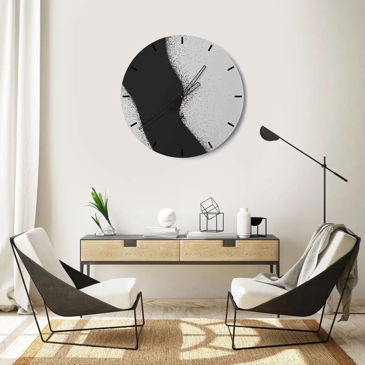Zegar ścienny - Czarno-biała abstrakcja z płynnym przejściem i ziarnistym efektem - 30x30cm - Płynna równowaga - Nowoczesna dekoracja ścienna do salonu, kuchni i sypialni ARTTOR