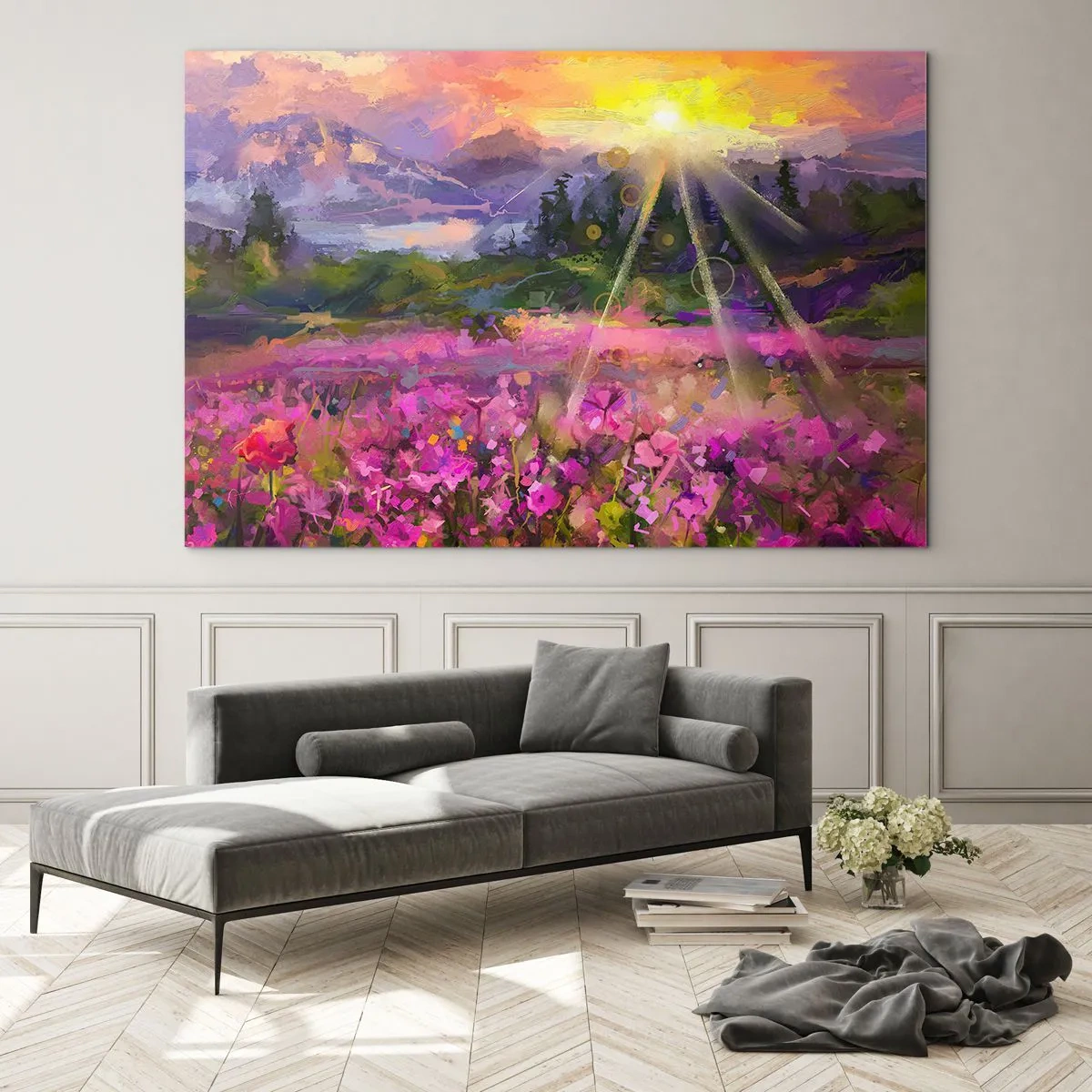 Obraz na szkle - Malownicza dolina pełna kwiatów oświetlona promieniami słońca - 70x50cm - W dolinie pod opieką słońca - Nowoczesna dekoracja ścienna do salonu i sypialni ARTTOR