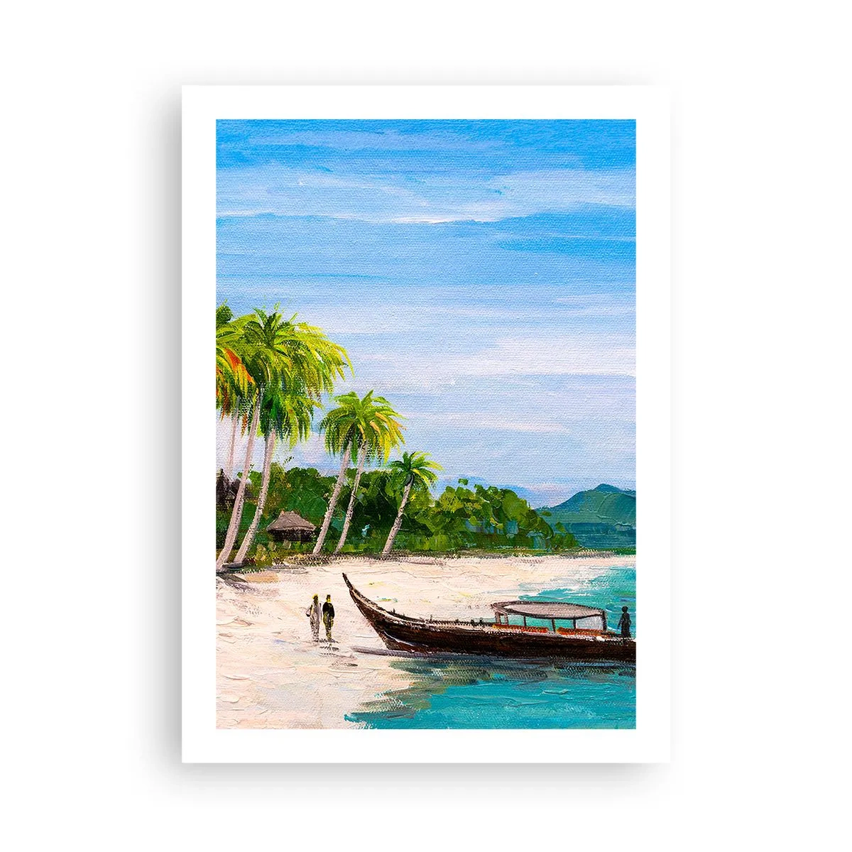 Plakat - Tropikalna plaża z palmami i łodzią na brzegu - 50x70cm - Egzotyczny sen - Nowoczesna dekoracja ścienna do salonu, kuchni i sypialni ARTTOR