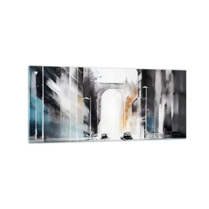 Obraz na szkle - Abstrakcyjna panorama miasta z łukowym mostem - 120x50cm - Studium miasta: architektura i ruch - Nowoczesna dekoracja ścienna do salonu i sypialni ARTTOR