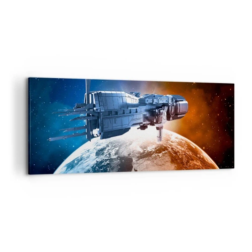 Obraz na płótnie - Statek kosmiczny na tle planety w przestrzeni - 120x50cm - Uważny obserwator - Nowoczesna dekoracja ścienna do salonu i sypialni ARTTOR
