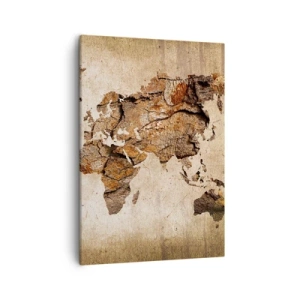 Obraz na płótnie - Mapa świata z teksturą drewna i naturalnymi tonami - 50x70cm - Odkrycie świata - Nowoczesna dekoracja ścienna do salonu, kuchni i sypialni ARTTOR