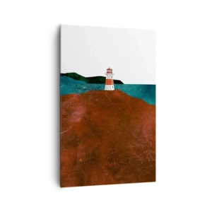 Obraz na płótnie - Latarnia morska na tle gór i morza - 80x120cm - Wpatrzona w morze - Nowoczesna dekoracja ścienna do salonu i sypialni ARTTOR