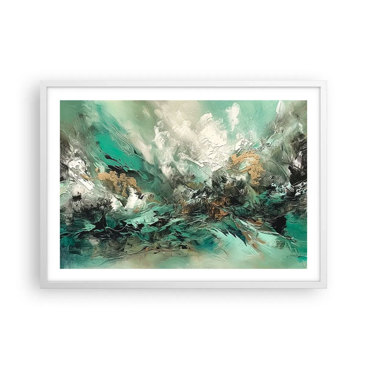 Plakat w białej ramie - Szmaragdowo-czarna kipiel - 70x50 cm