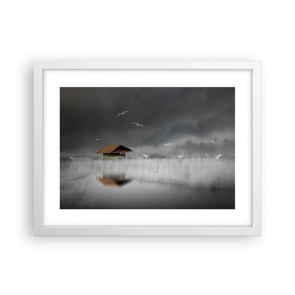 Plakat w białej ramie - Schronienie przed deszczem - 40x30 cm