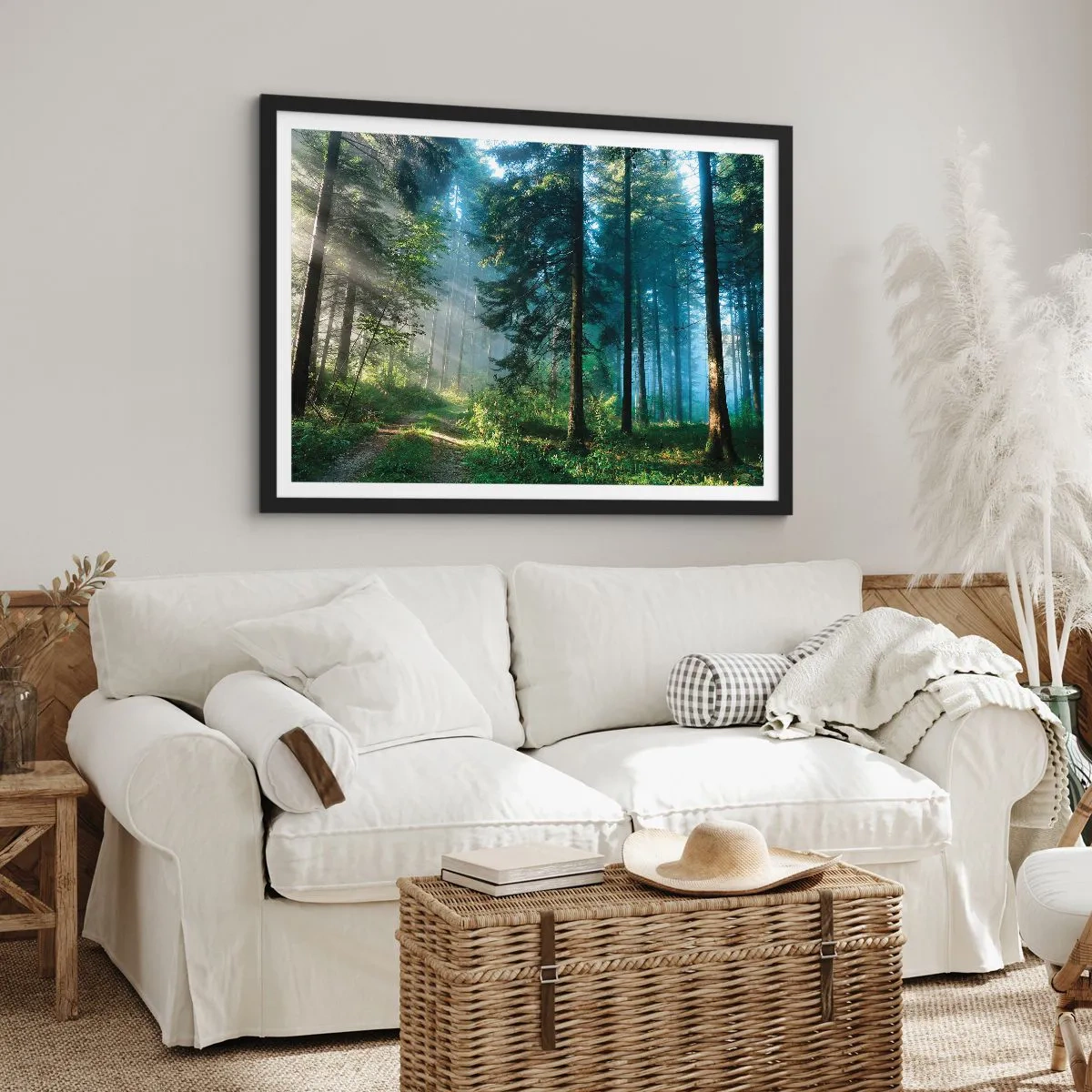 Plakat w czarnej ramie - Leśna ścieżka oświetlona promieniami porannego słońca - 70x50cm - Rozpromieniony o poranku - Nowoczesna dekoracja ścienna do salonu i sypialni ARTTOR