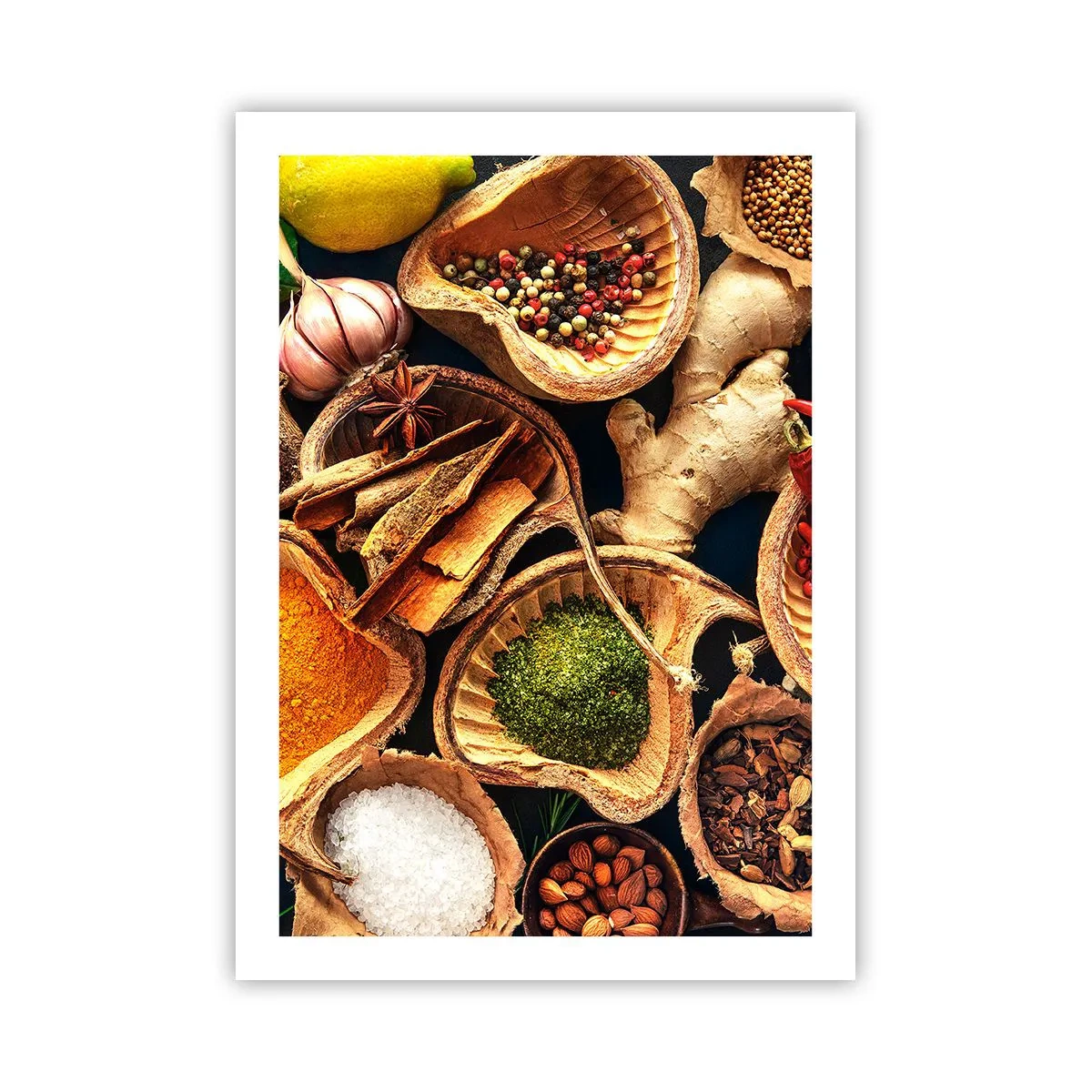 Plakat - Zbliżenie na przyprawy w naturalnych naczyniach - 50x70cm - Bierz, co chcesz - Nowoczesna dekoracja ścienna do salonu, kuchni i sypialni ARTTOR