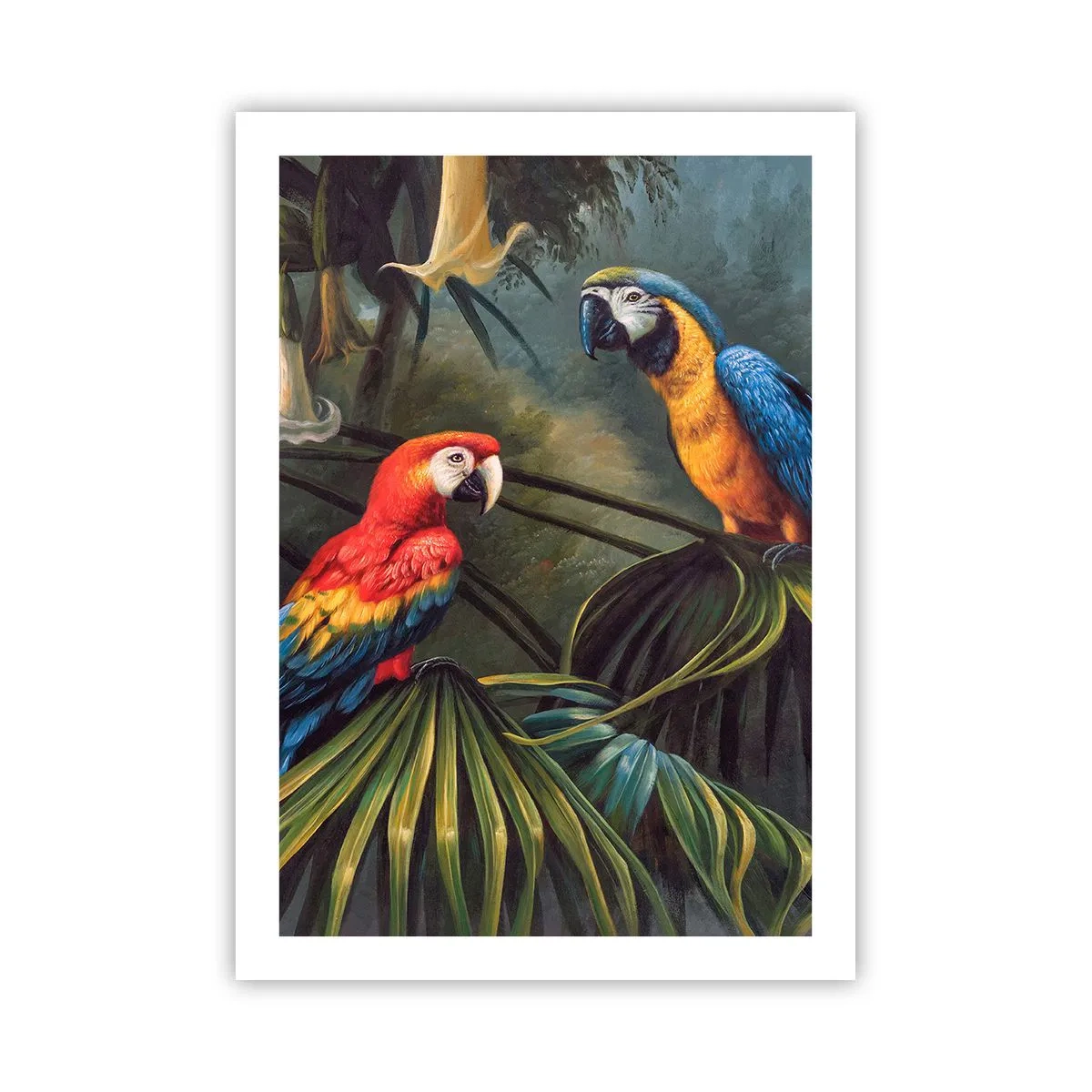 Plakat - Tropikalne papugi w otoczeniu bujnej roślinności - 50x70cm - Romantyzm w tropikach - Nowoczesna dekoracja ścienna do salonu, kuchni i sypialni ARTTOR