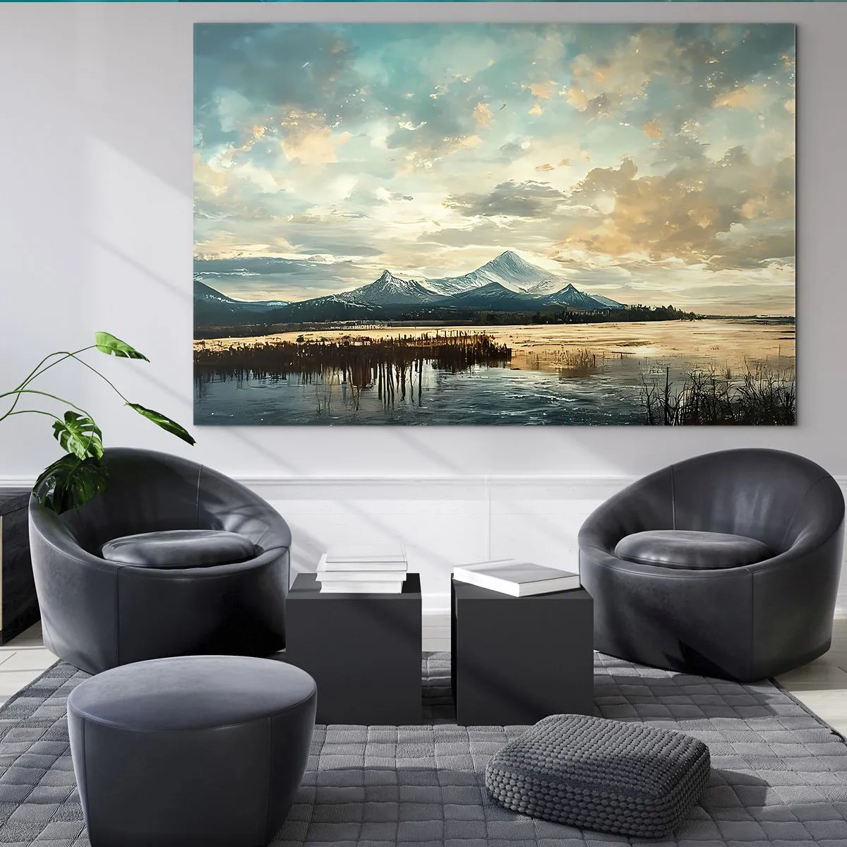 Obraz na szkle - Zimowy krajobraz z górami i zamarzniętym jeziorem - 70x50cm - Pod opieką nieba - Nowoczesna dekoracja ścienna do salonu i sypialni ARTTOR